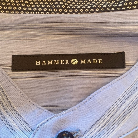 HAMMER MADE collarless men’s dress shirt light blue vertical stripes sz 44 17.5 - Picture 8 of 10